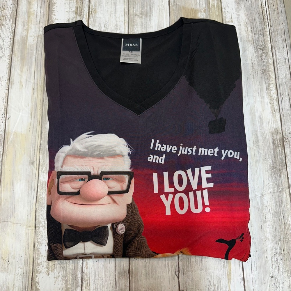 Pixar Up Carl Dug I Love You Tooniforms Scrub Top V Neck XS Women's